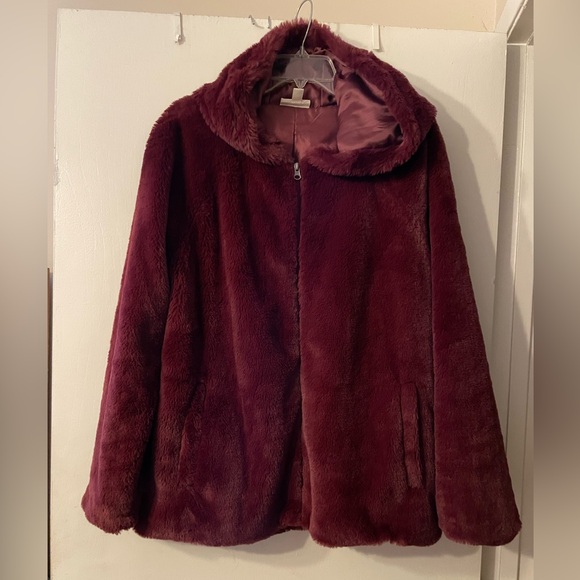 Style Co Faux-Fur Hoodie Jacket Wine Sz L/XL - Picture 1 of 6